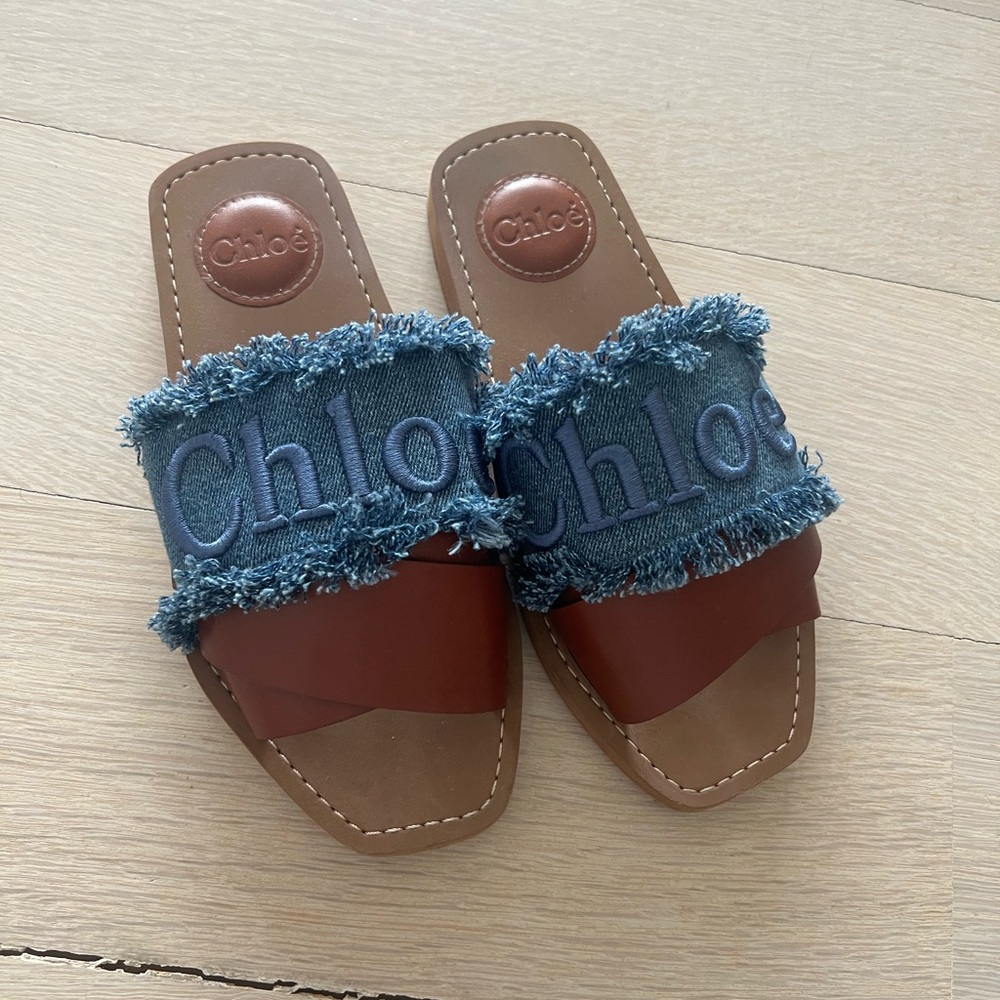Chloé Denim and Leather Slides